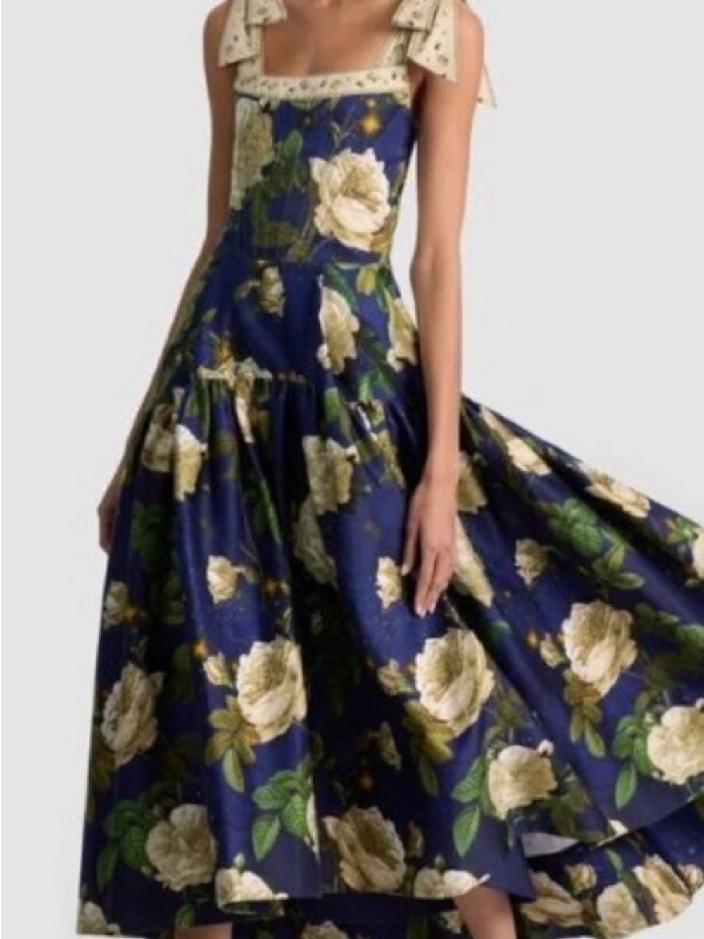 Alice + Olivia Navy Floral High-Low Midi Dress with Cream Accents NWT - Picture 5 of 9